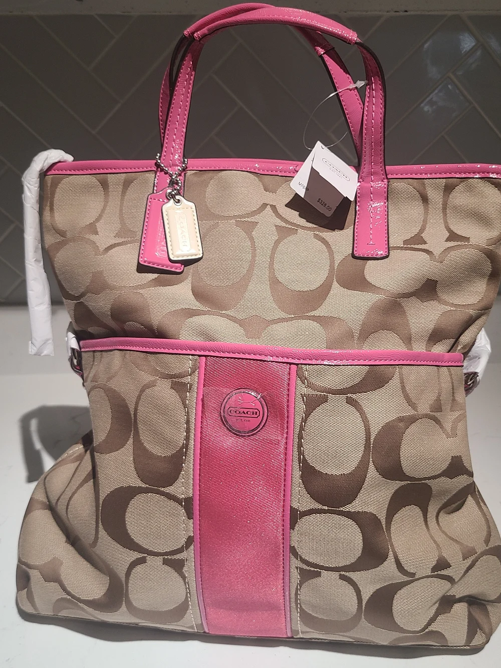 COACH Signature Stripe Khaki/Mulberry Pink Tote Bag Crossbody Purse NWT - Picture 1 of 12